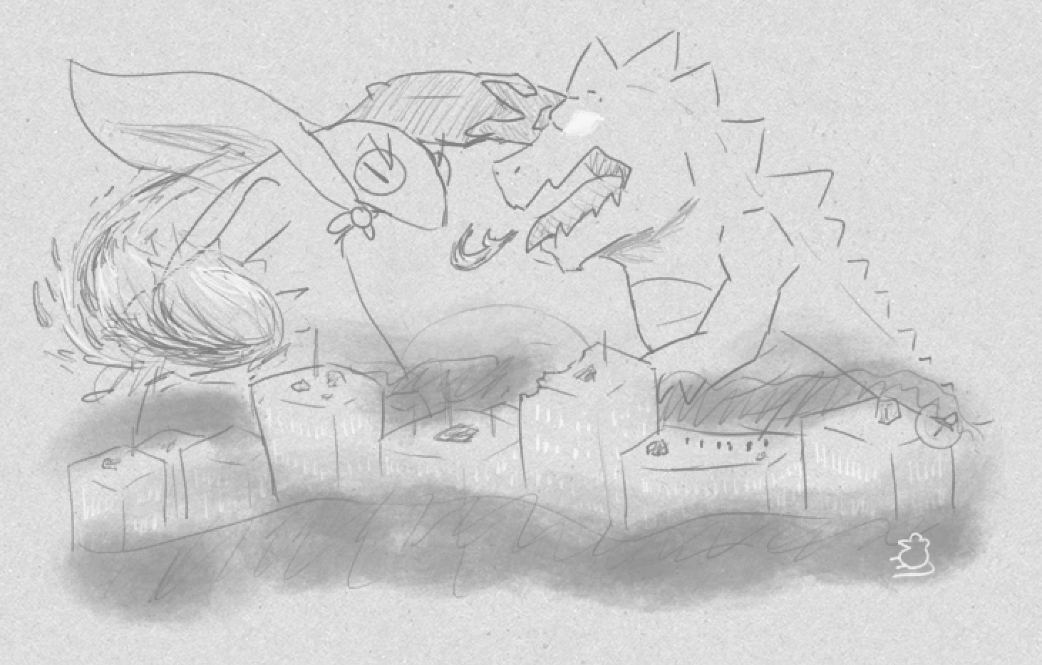 Duper's mascot, a mole with glasses and a flailing cape, turned giant and fighting a dinosaur kaiju over a half-destroyed city.